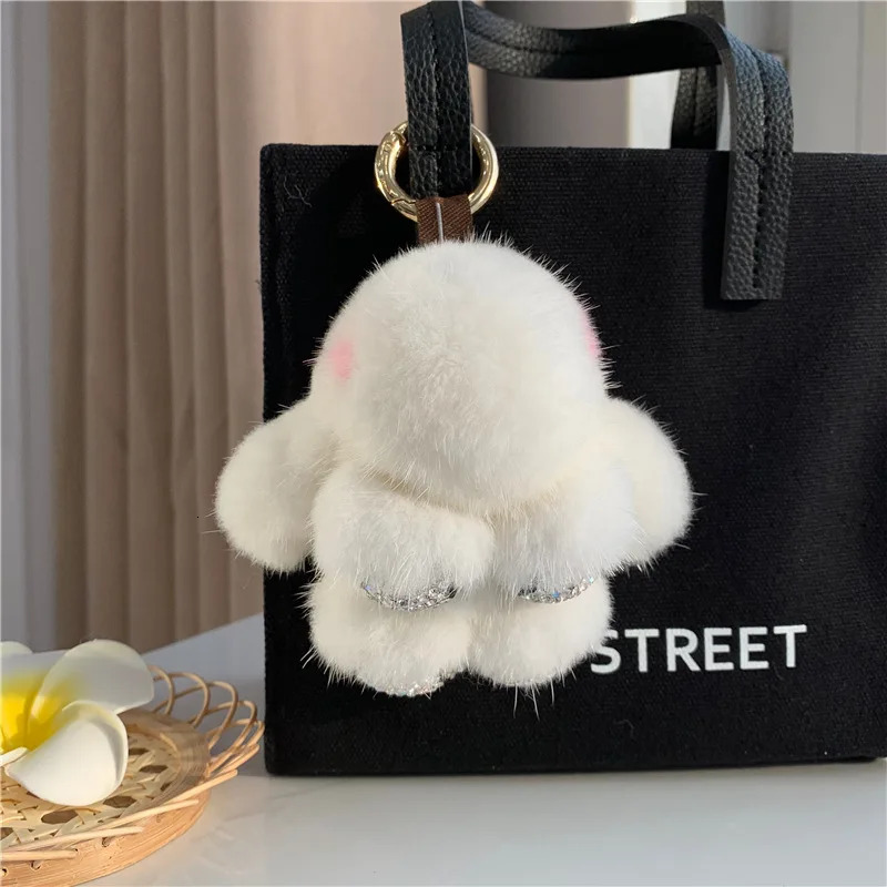 Mink Fur Bunny Fur Pendant Bag Jewelry Key Chain Plush Pendant Trumpet Cute Rabbit Children Animal Cartoon Doll 250227
