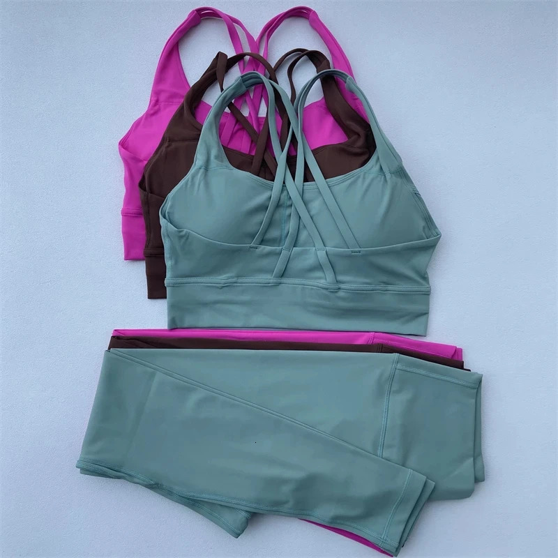 Solid Color Gym Fitness Set Tight Soft cross Fitness Bra 2pc compression High Waist Yoga Legging Suit Comprehensive Training Jog 250227