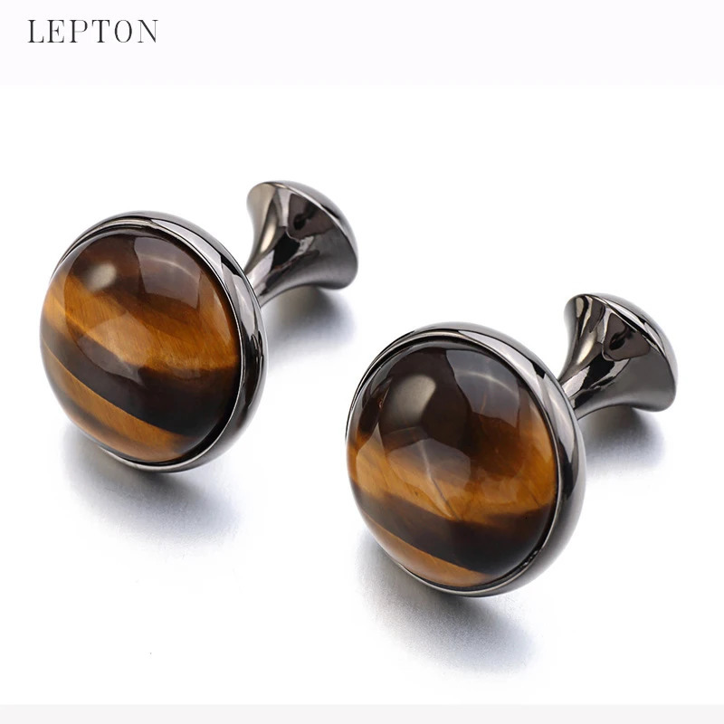 Low-key Tiger-eye Stone Cufflinks for Mens Lepton High Quality Round Tigereye Stone Cuff links Relojes gemelos Gift 250227