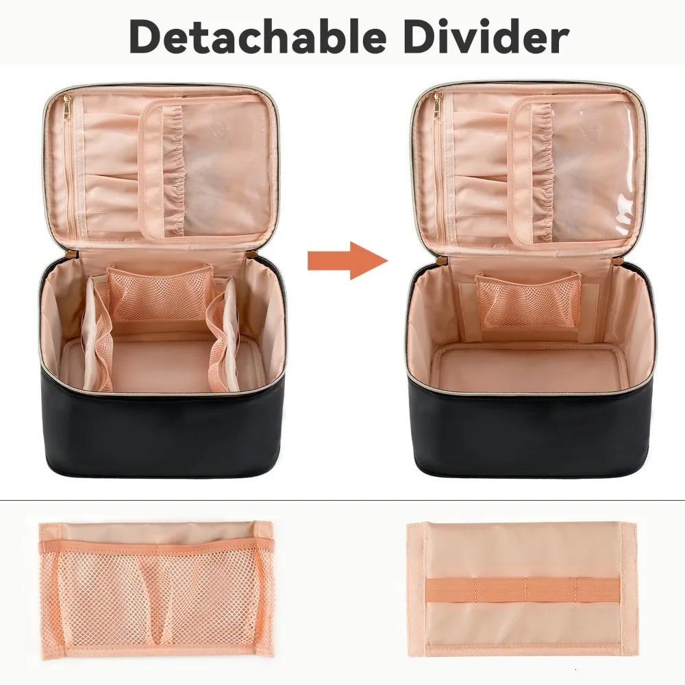 Ship from US Large Ladies Cosmetic Bag Travel Organizer with Brush Holder and Divider Waterproof Leather 250227FBB