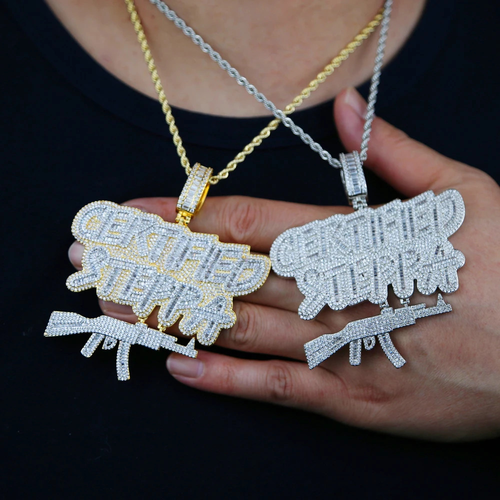 Iced Out Bling CZ AK47 Gun Pendant Necklace Cubic Zirconia Letter Certified Steppa Charm Men Fashion Hip Hop Jewelry 250227