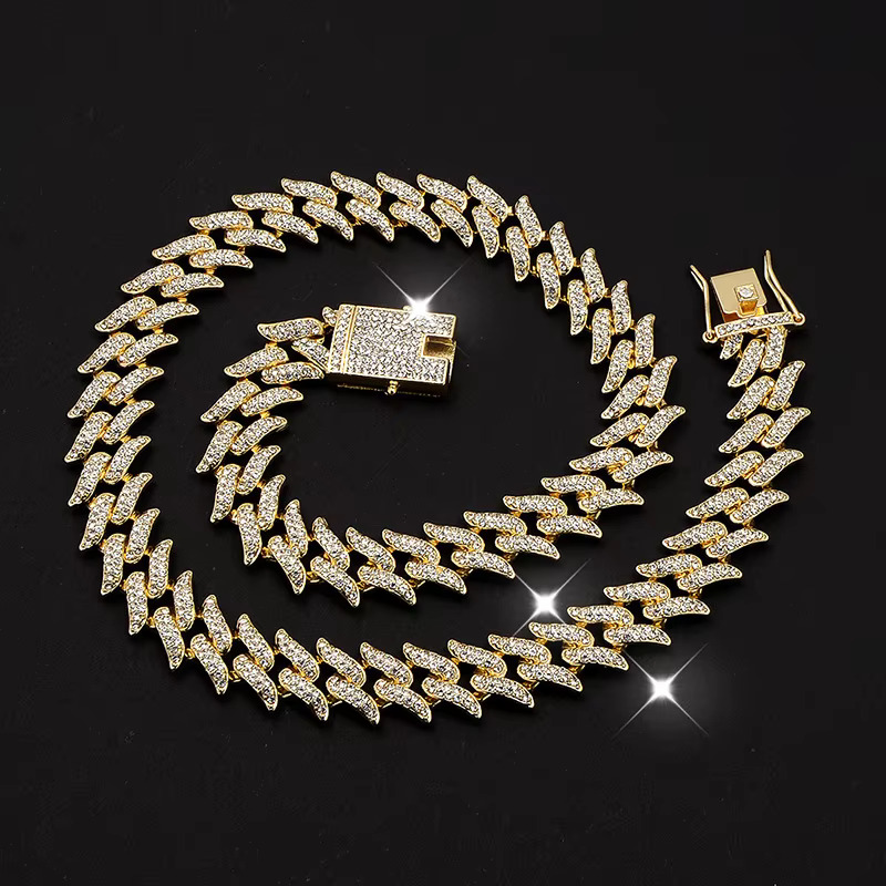 Wholesale HipHop Trendy Vintage Daily Fashion Party 15mm Zircon Dia Iced Out Full Thorns Cuban Necklace Bracelet Set Gift