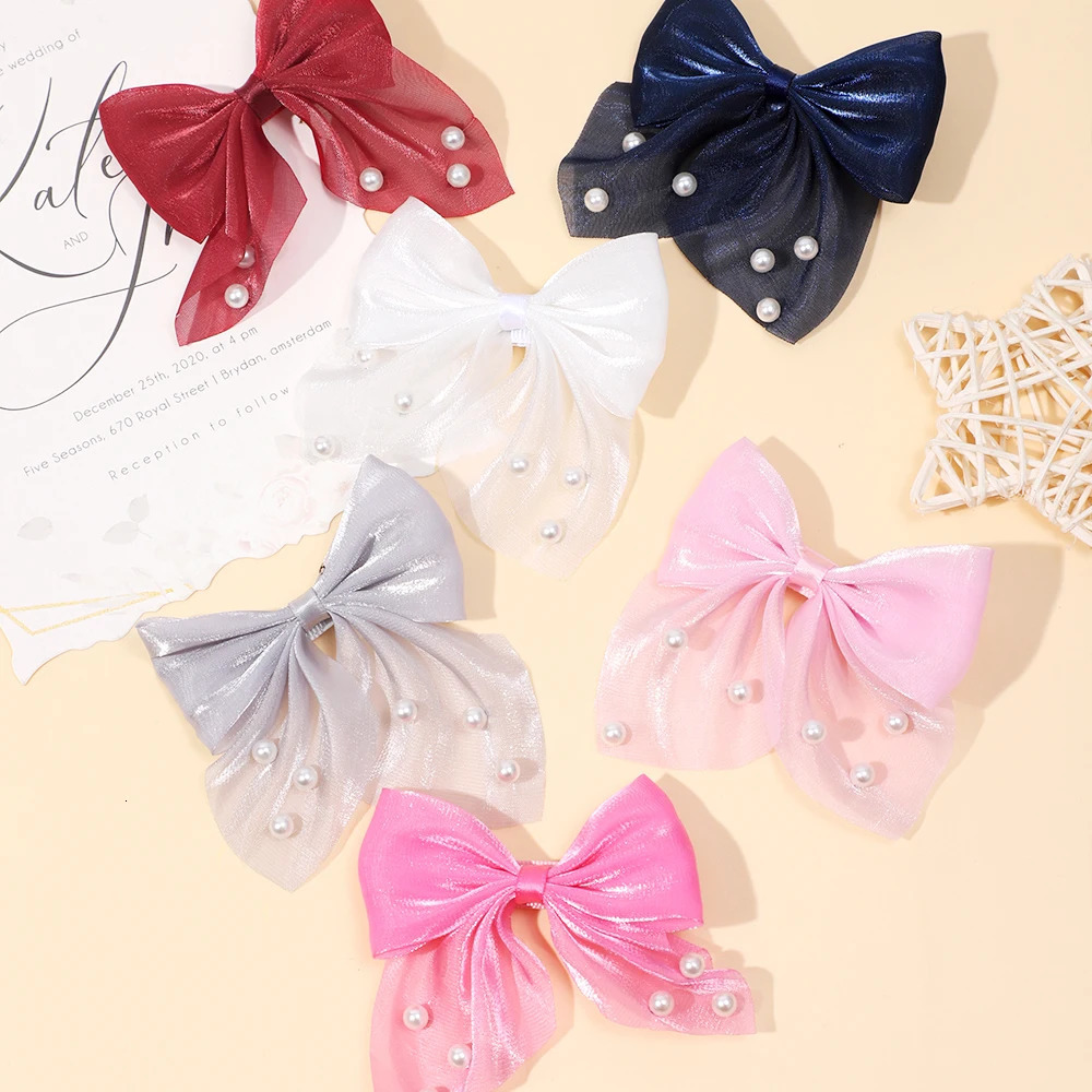 30pc/lot Chiffon Hair Bow Hair clips Baby Girls Kid Pearl Bow Barrettes School Girl Fable Bow Hairpins Hair Accessories Bulk 250227