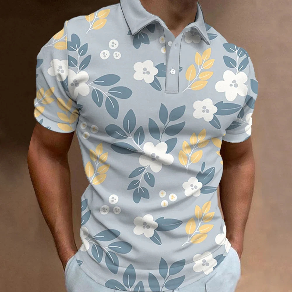 Mens Polo Shirt Summer Street Casual Short Sleeve Flower Print Buttons Tops Fashion Pullover Oversized Clothing Male Golf Wear 250227