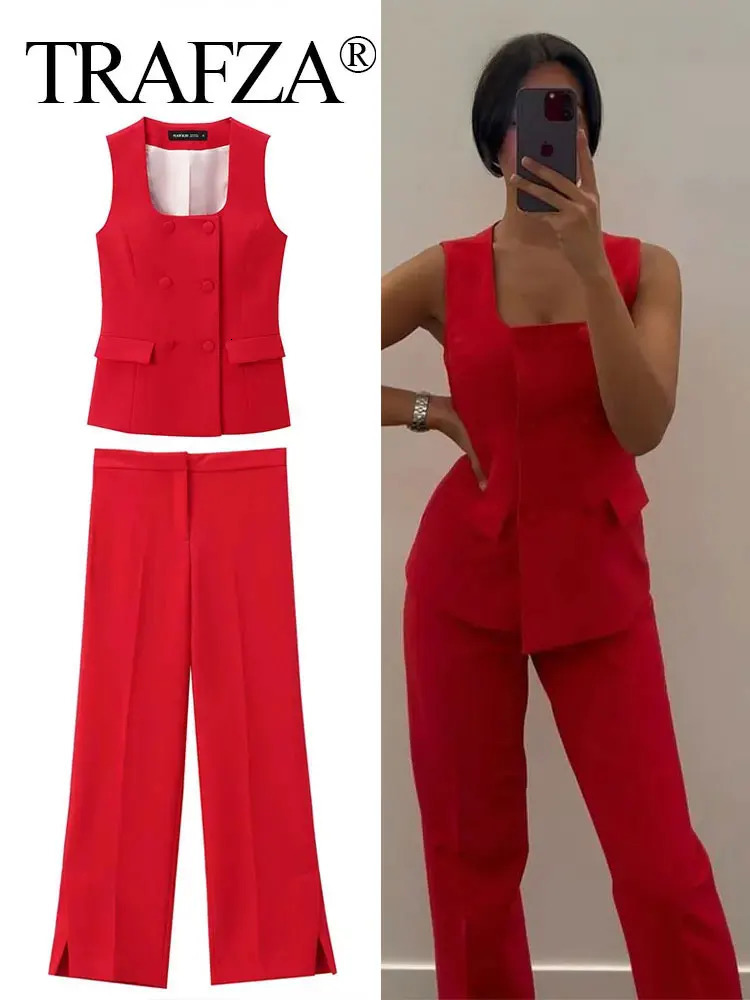 TRAFZA Womens Solid 2 Piece Sets Square Collar Double Breasted Vest Top Commute Wide Leg Long Pants Wild Trousers Outfit 250226