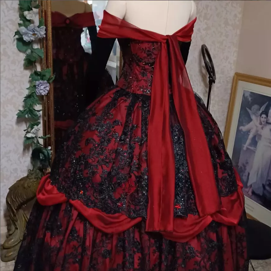 Gothic Red And Black Wedding Dresses Lace Appliques Off Shoulder Floor Length Corset Bridal Gowns Medieval Vintage Masquerade Dress for Ladies 2025