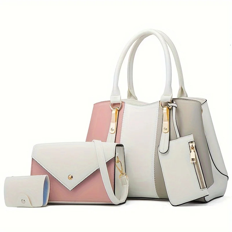 Ship from US 4Piece Colorblock Handbag Set Vibrant Stitching Spacious Tote Versatile Crossbody Mini Coin Purse and Credit Card Holder 250227FBB