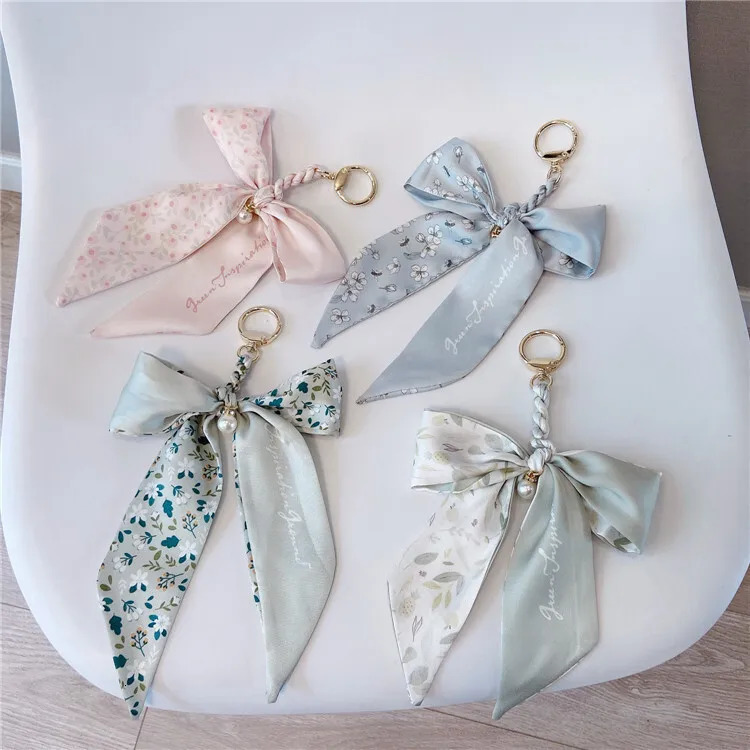Fashion Weave Silk Scarf Keychains For Women Satin Ribbon Bowknot Pendant Keyring Charm Bag Car Key Holder Key Chains Accessory 250227