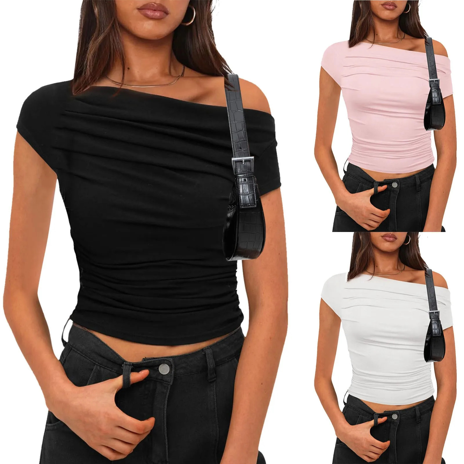 One Shoulder T Shirt Women Short Sleeve Basic Solid Color Tops Summer Crop Tops Slim Fit Clothes WomenS Glamorous Sexy Tops 250227