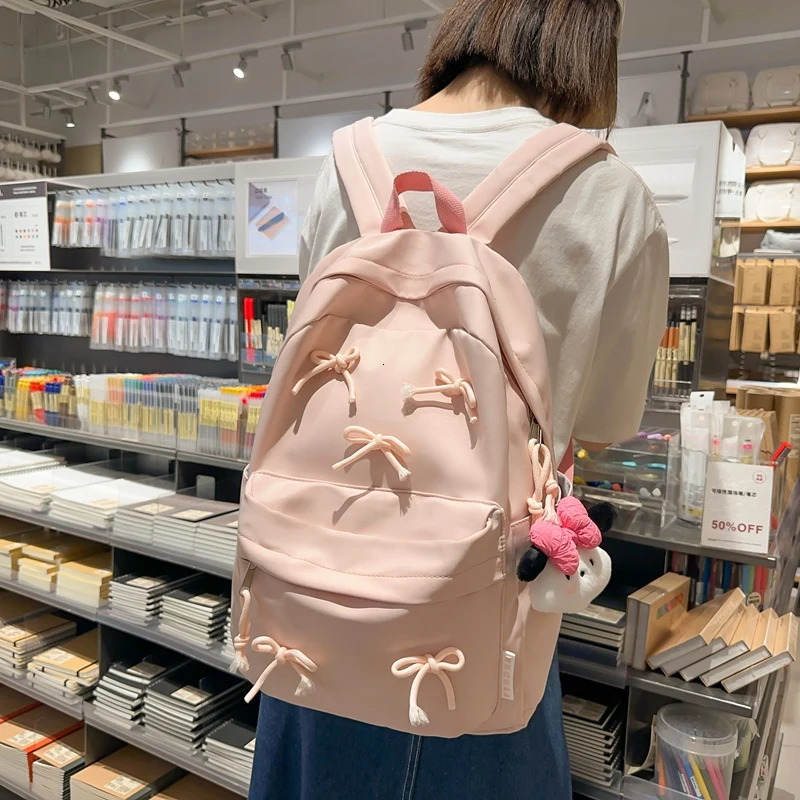 Ship from US Fashion Bow Backpack Laptop Rucksack Large Capacity Students Bookbags Solid Color Stylish Daypack Multipockets Travel 250227FBB
