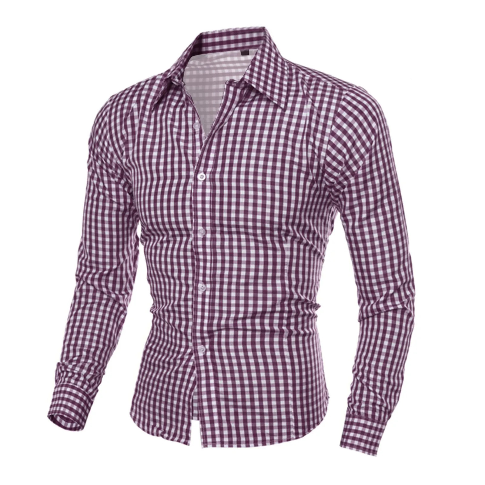 Red Plaid Printed Shirts For Men Long Sleeved Button Up Male Casual Slim Fit Tops Fashion Mens Social Shirt Clothes 250226