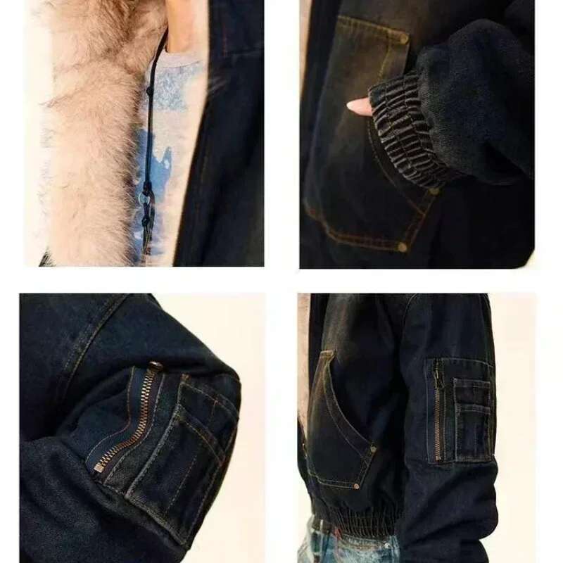 Autumn winter new loose denim thick and warm retro design, hooded cotton jacket, fashionable men's or women's jacket