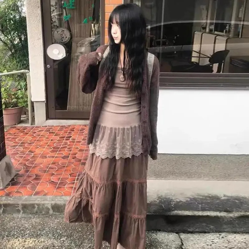General Korean Fashion Patchwork Lace Camisole Sleeveless Vintage Fairycore Halter Tops Y2k Clothes Tank Top Tanks Camis 250226