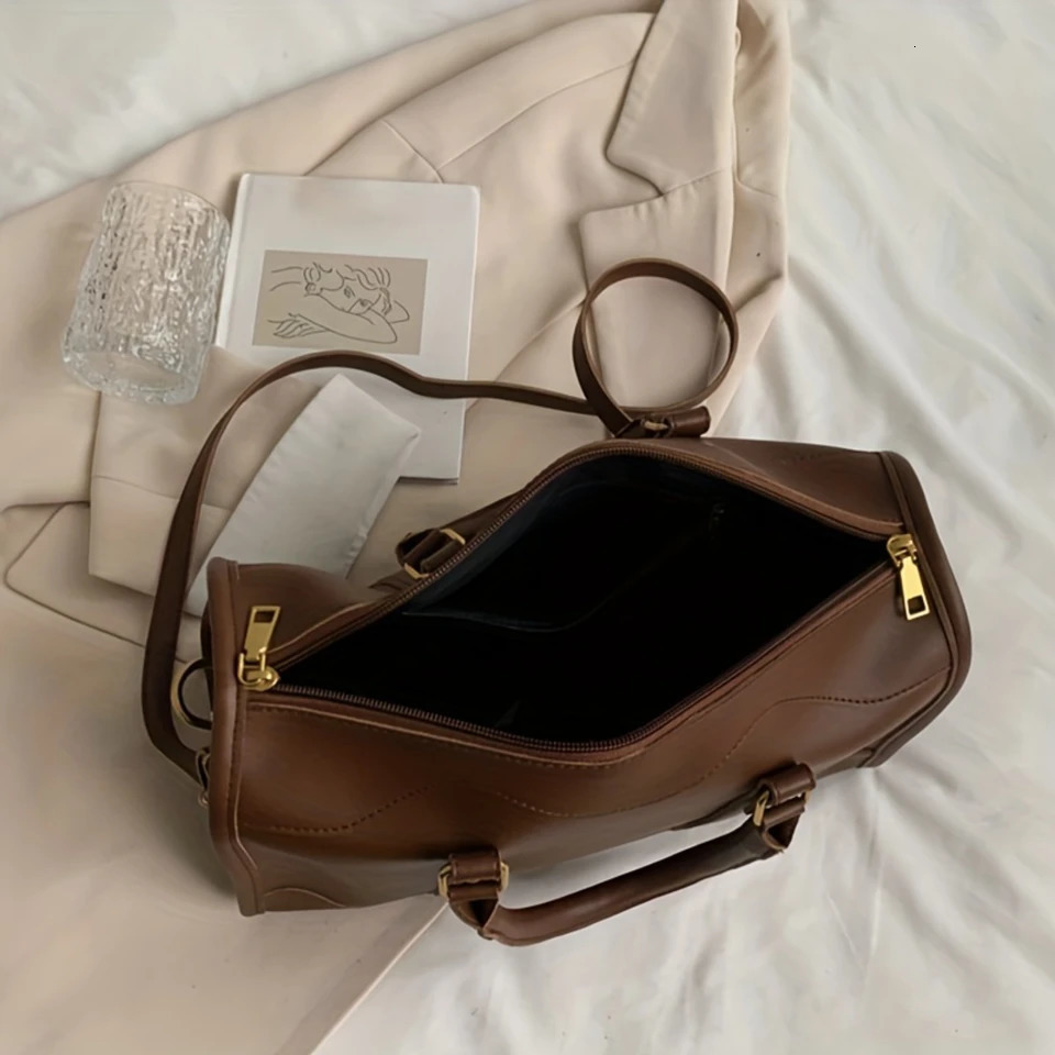 Ship from US Elegant Vintage Boston Bag Chic PU Leather with Removable Strap Secure Zip Perfect for Womens Daily Style and Travel w250227FBB