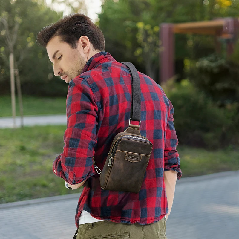 Ship from US Genuine Leather Men Chest Bag Small Crossbody Fanny Pack Casual Travel Sling Shoulder Messenger Mini Handbag Male 250227FBB