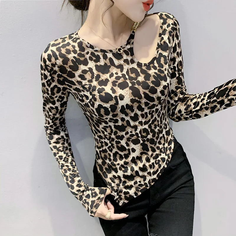 Wxw8237 leopard print Tshirt womens tie dye printed shoulder sexy club short sleeved tight retro top 250226