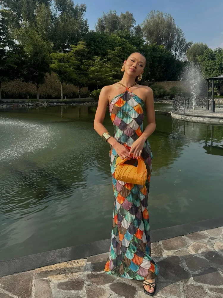 Women Sexy Sleeveless Backless Colorful Printed Sling Dress Elegant Splicing Slim Fishtail Skirt 2025 Chic Vacation Vestdios 250226