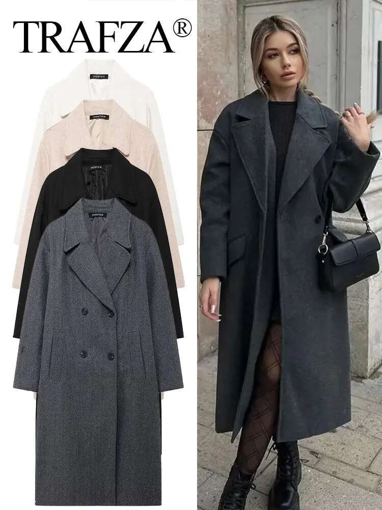 TRAFZA Winter Coat For Women 2024 Solid Lapel Double Breasted Long Cardigan Top Female Pokcet Streetwear Woman New In Outercoat