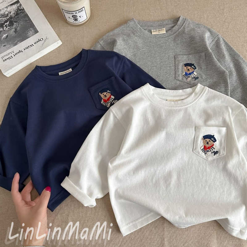 T-shirts Childrens long sleeved t-shirt cartoon teddy bear boys new base shirt Korean version 1-6 baby round neck top Spring new productY250227MXBG