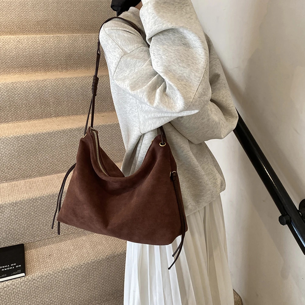 Ship from US Women Suede Shoulder Bag Adjustable Strap Messenger with Zipper Trendy Retro Handbag for Work Travel 250227FBB