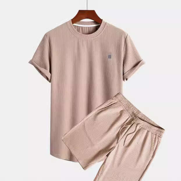 New Summer Striped Casual Suit Round Neck Men's Short Sleeved Sports Fashion Loose Two-Piece Set