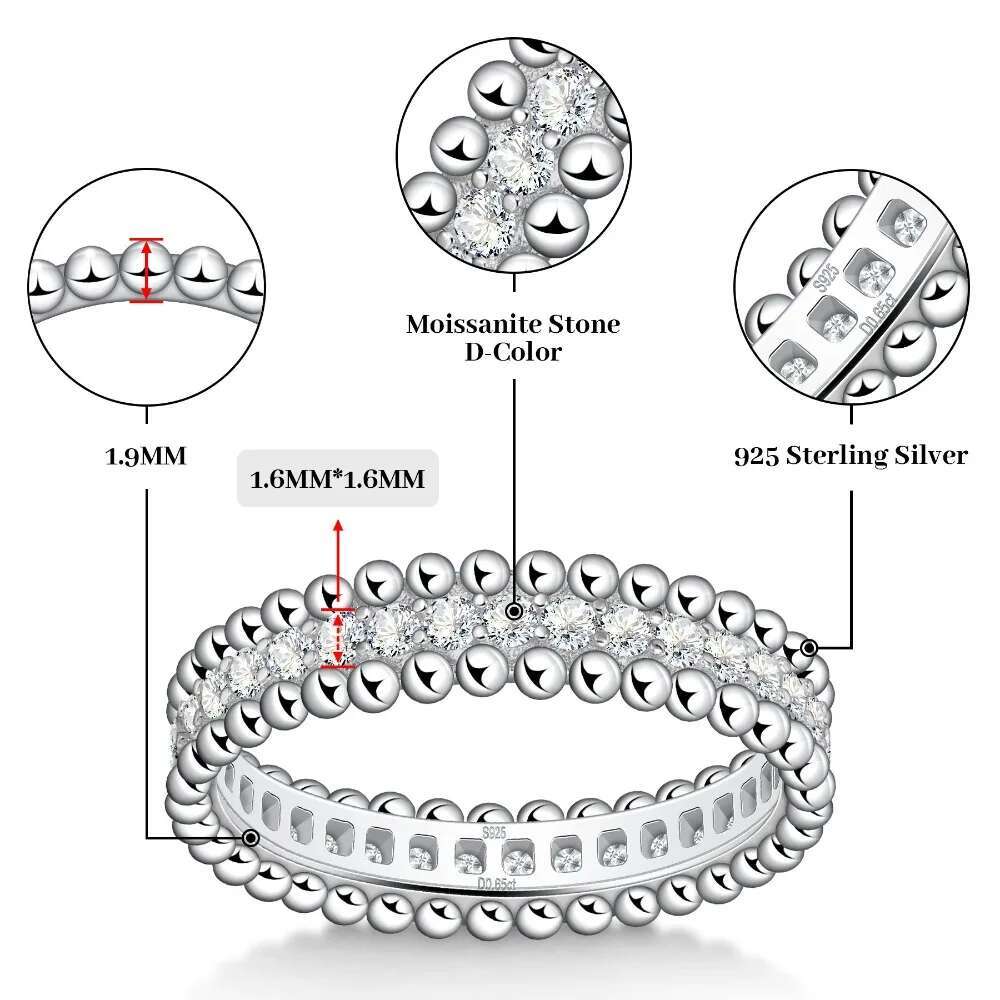 Full Moissanite Ring Dating Couple Promise Rings Sterg Sier D Color VVS1 Dia Wedding Bands for Women Fine Jewelry