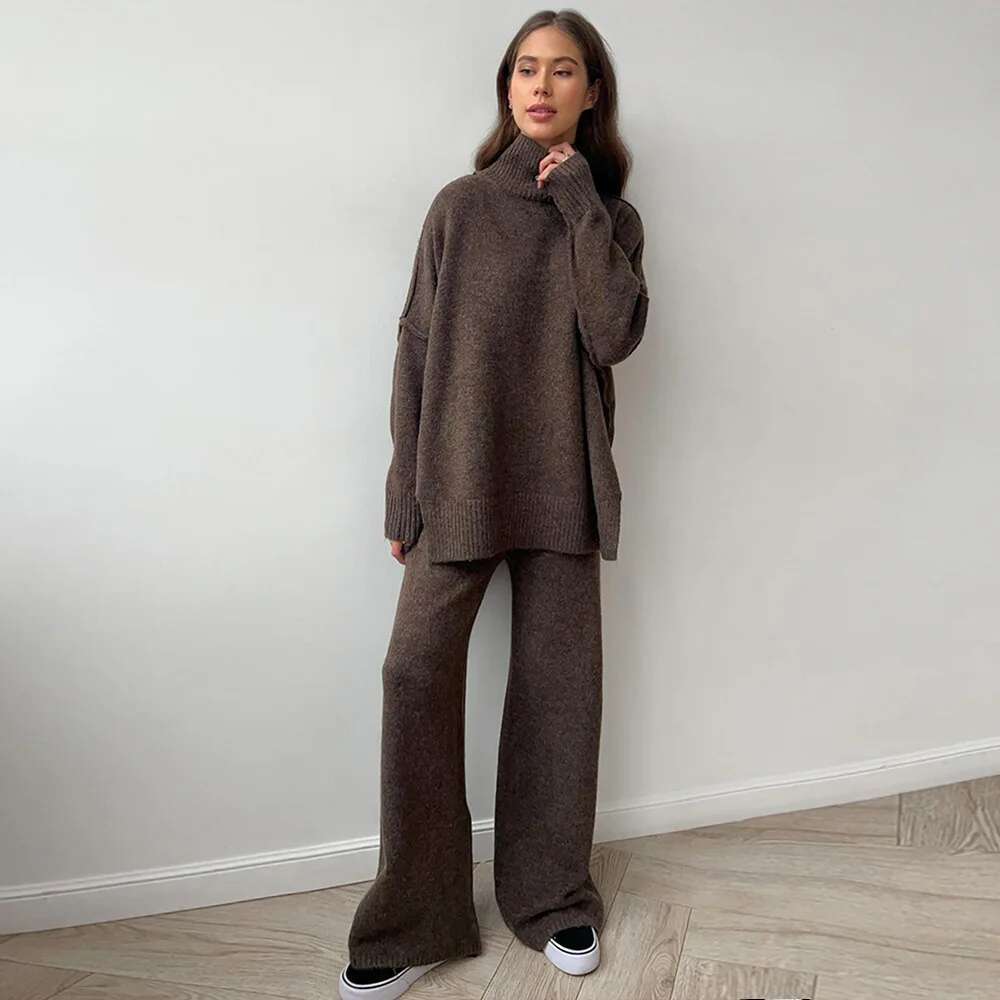 2025 Turtleneck Sweater Women's European, American Autumn And Winter New Loose Casual Lazy Thickened Knitted Trousers Set