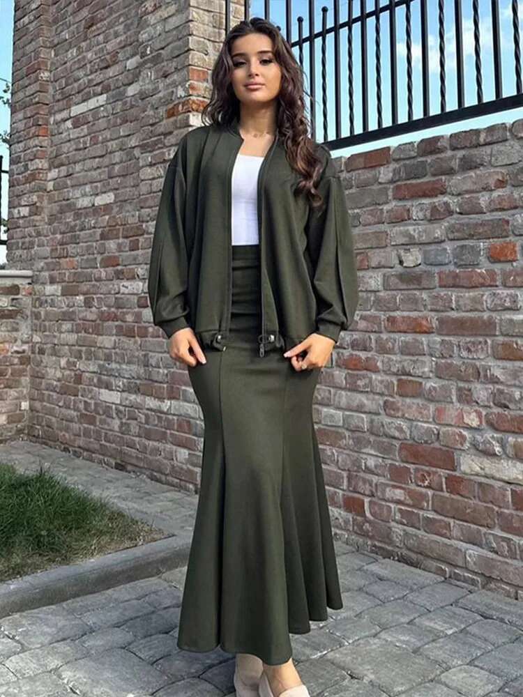 Vintage Women's Two Pieces Set Casual Long Sleeve Zipper Loose Jacket Hip Package Fish Tail Skirt 2025 Spring Retro Ladies Suit