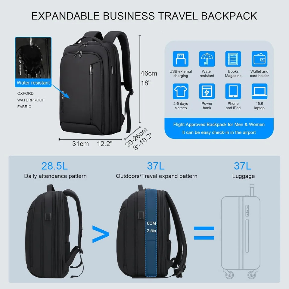 Ship from US FENRUIEN Mens Business Laptop Backpack 156inch Expandable with USB Port Waterproof for Weekends to Carry You WorkUniversity 250227FBB
