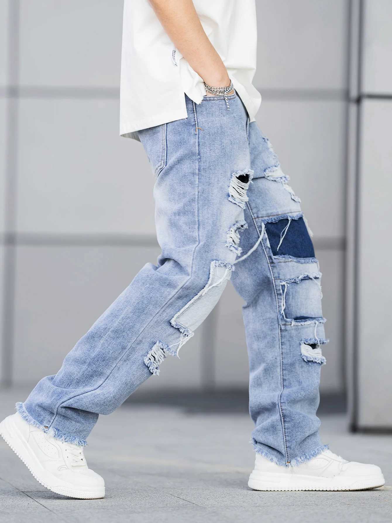 Mens patched up torn jeans mens loose-fitting trendy jeans blue slacks stretch jeans mens 2024 fashion new trend jeans X250227