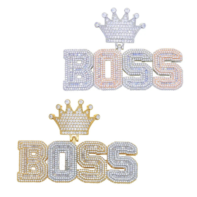 Hip Hop Crown Letter Pendant Necklace Iced Out Bling Two Tone Color CZ Zircon Charm Mens Women Jewelry 250227