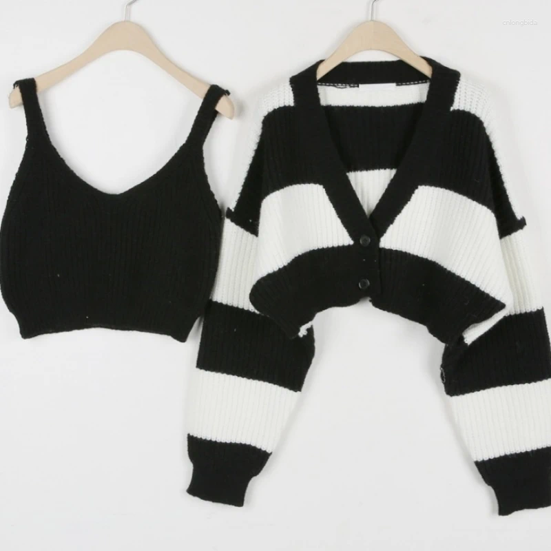 Women's Knits 2025 Fashion Autumn Two Piece Women Sweater Stripe Long Sleeve Cardigan Crop Knitwaers Winter Loose Casual Knitted Short Tops