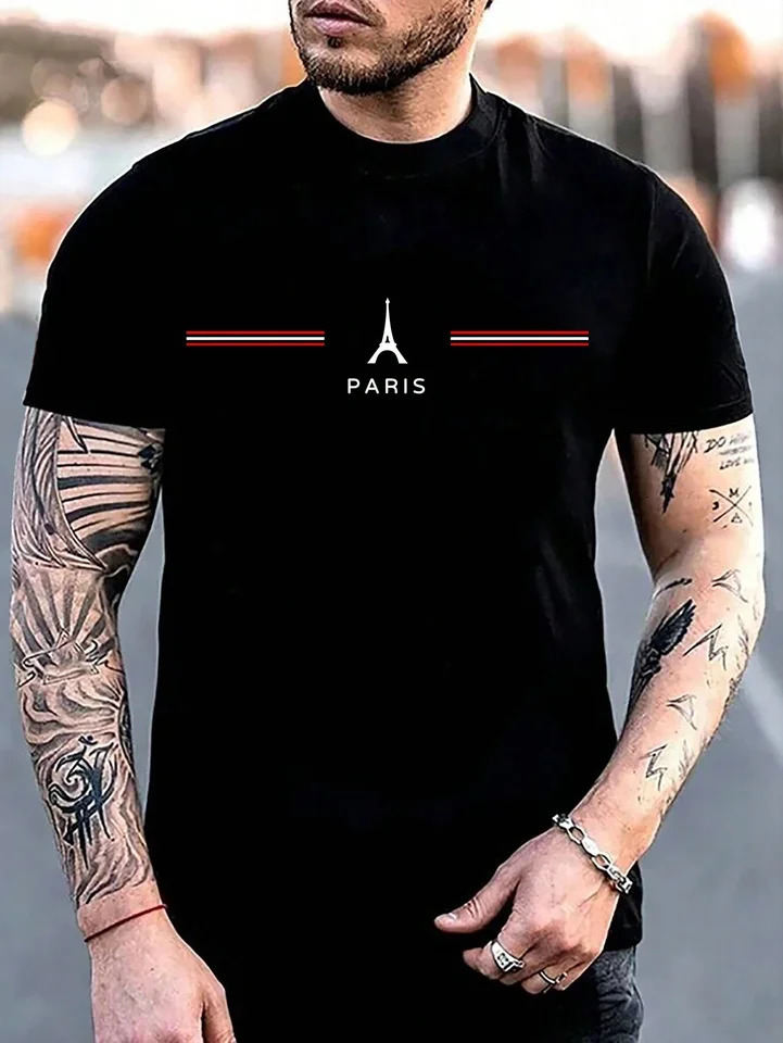 Mens 100% cotton summer loose size comfortable PARIS letter print slim fit casual sports round neck short sleeved T-shirt top 250227