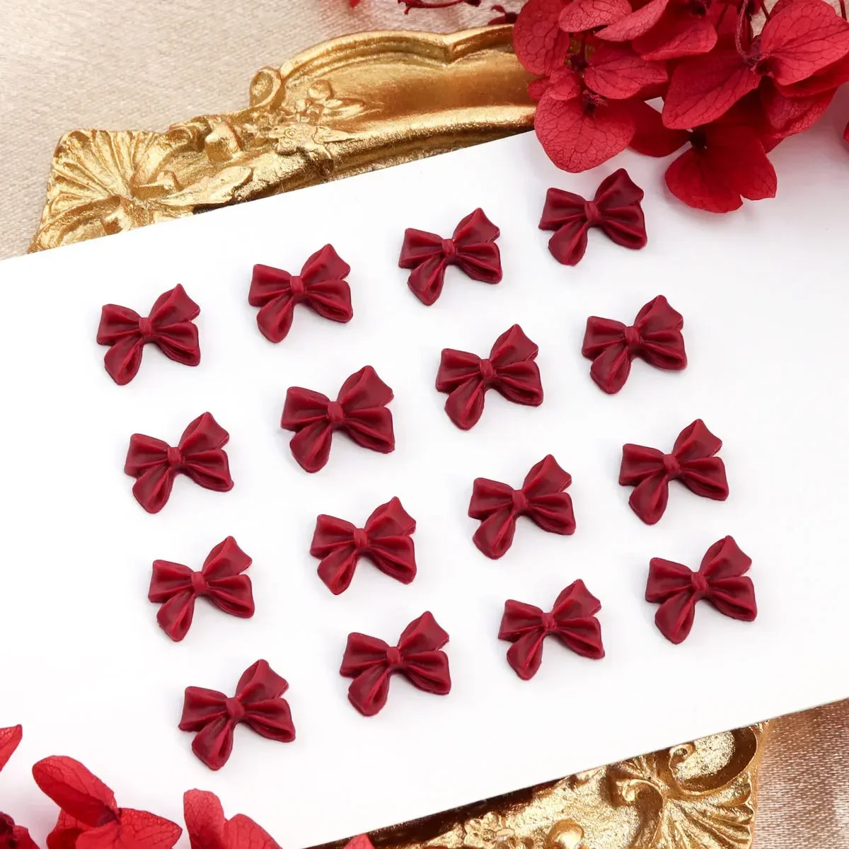 30 Cherry Red Bow Nails Charm Valentines Day Deep Tie Nail Accessories DIY Womens Salon n Decoration Supplies 250217
