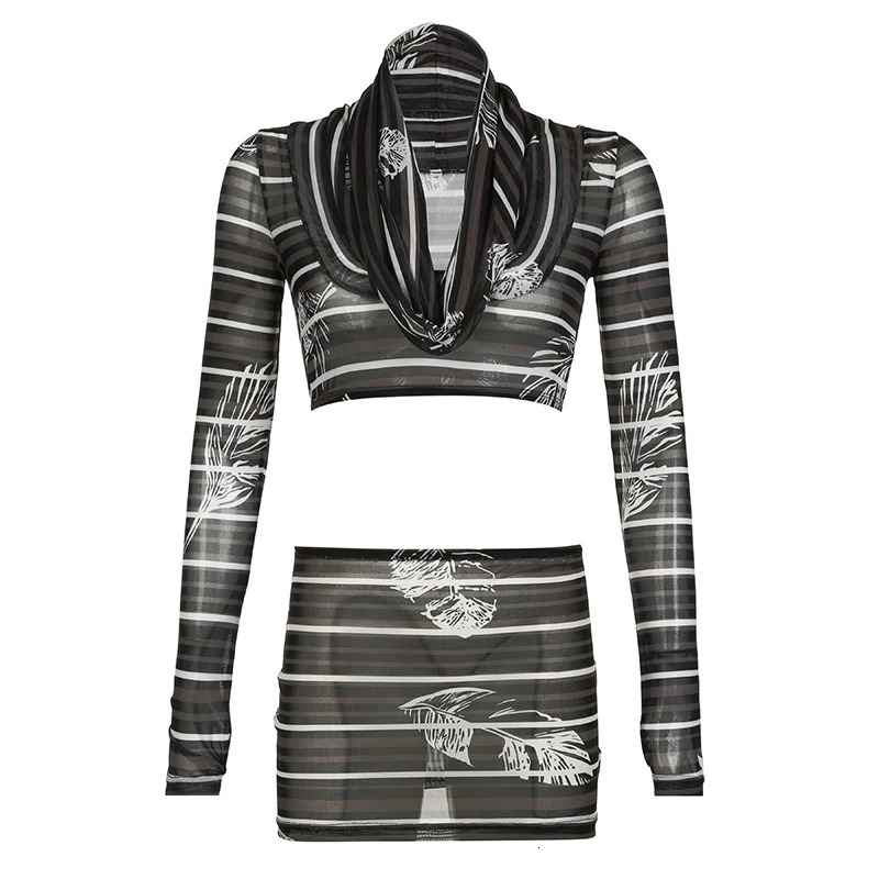 BIIKPIIK Stripe Print Women Mesh Sexy Skirt Sets Clubwear Fashion Suit Midnight Party Pile Collar Hooded Top Skinny Mini Skirt 250227