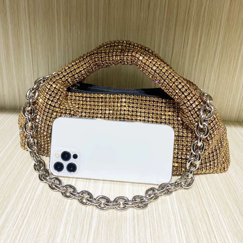 Shiny Rhies Evening Clutch Party Wrist Bags For Women Designer Handbag And Purse 2024 New In Fashion Chain Shoulder
