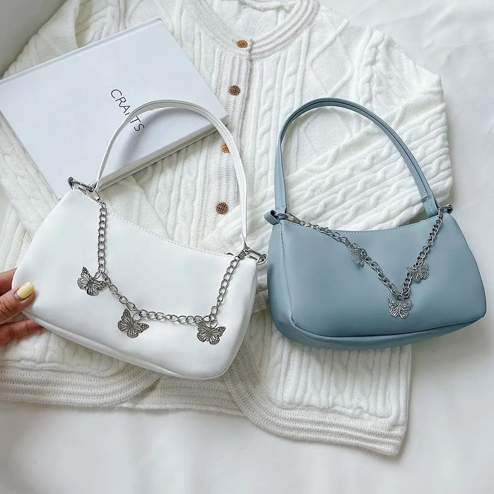 Ship from US Stylish Butterfly Chain Shoulder Shopping Bags Women Small Pure Color Handbags Daily PU Leather Underarm 250227FBB