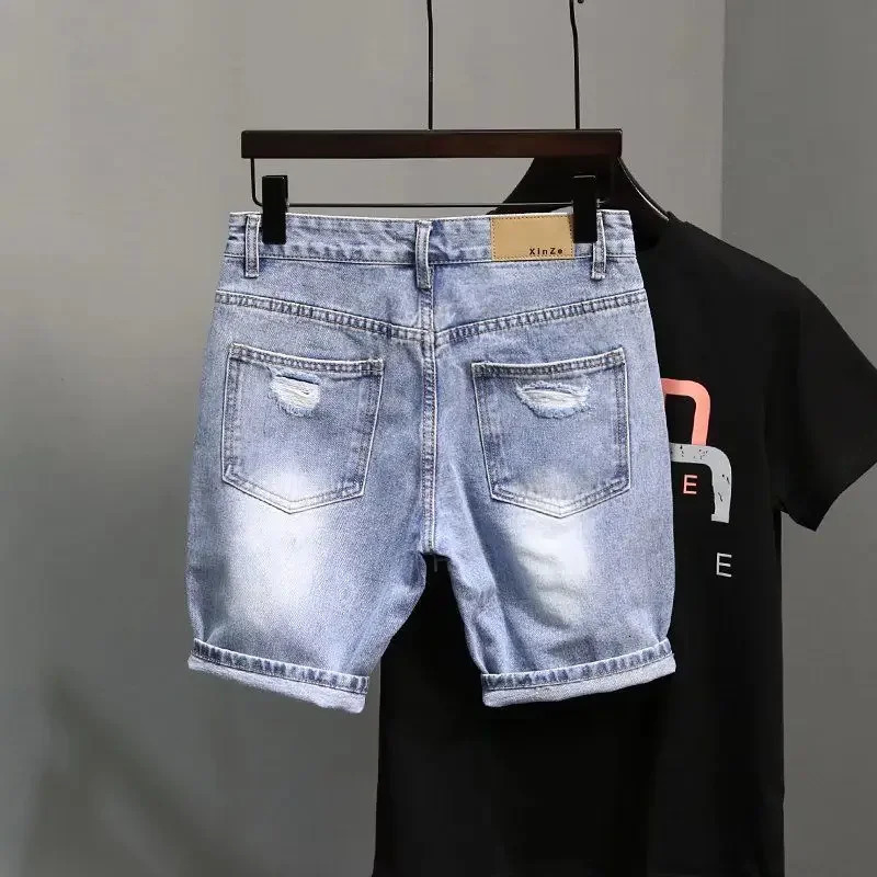 Mens fashion denim shorts summer Korean slim fit hiphop Ins small group medium length Trouser 250226