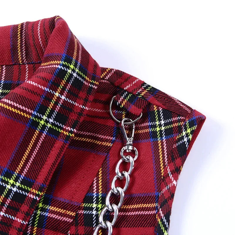 Plaid Punk Street Clothing Zipper Chain Womens Gothic Retro Hi Hop Camis Fashion Sexy Cut Top Tshirt 250226