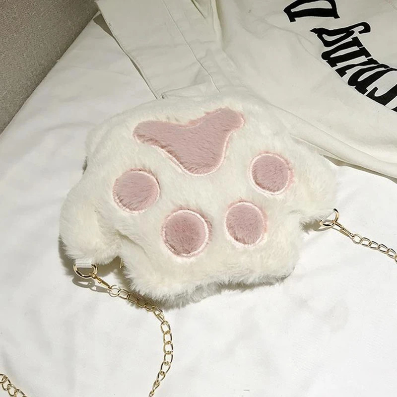 Ship from US Fashionable Womens Shoulder Bag Adorable Paw Print Plush Handbag with Chain Strap Spacious Crossbody Purse for Everyday Use 250227FBB