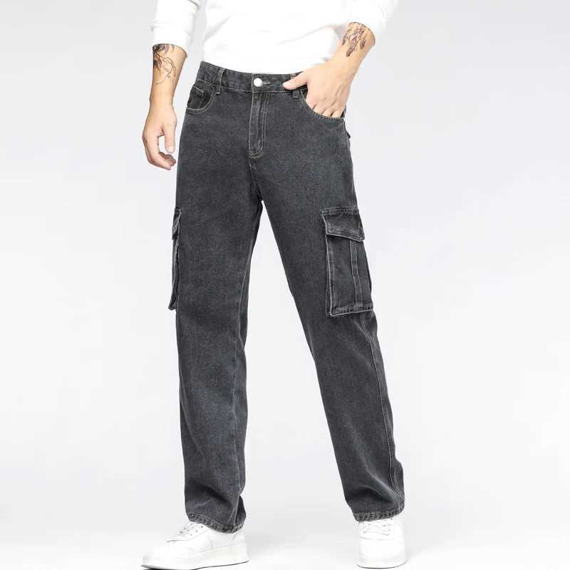 Stir Fried black grey pocket work clothes jeans mens four season loose straight tube non elastic wear-resistant jeans X250227
