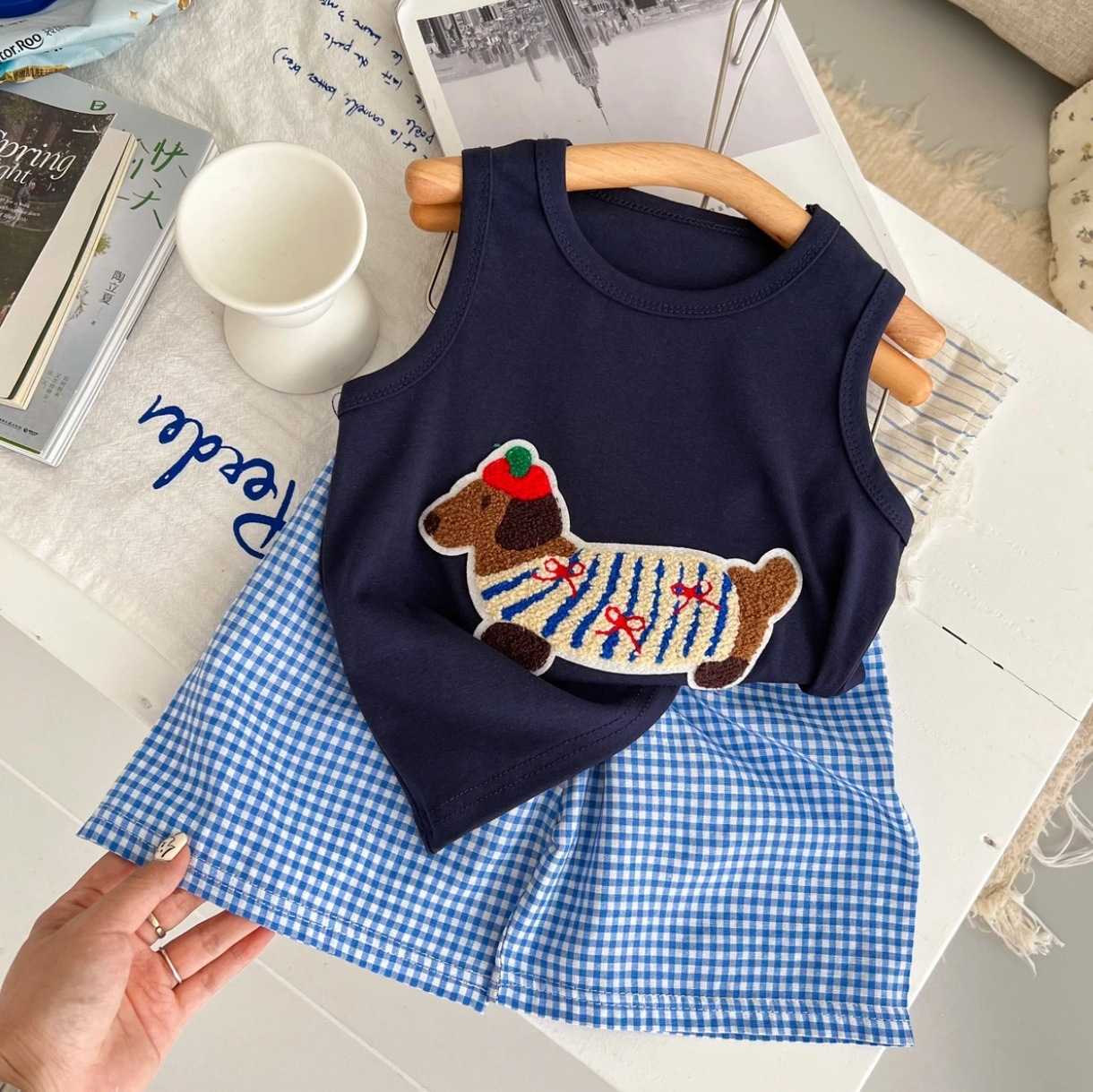 Clothing Sets 2025 Summer New Childrens Boys and Girls Fashion Leisure Korean Edition Western Summer Dress Loose Cartoon Vest SetY2502270A3G