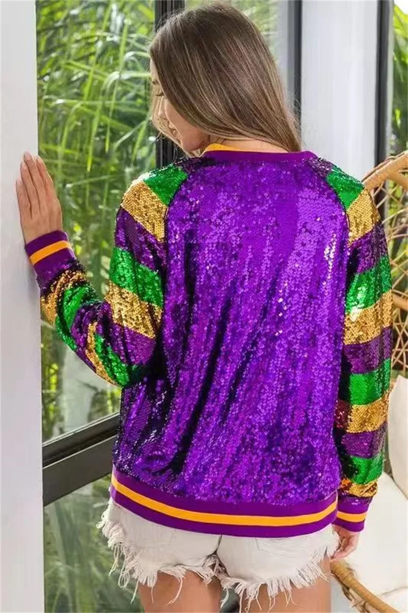 Spring And Autumn Patchwork Color Long Sleeve Round Neck Sequins Coats Loose Streetwear Zipper Hip Hop Women Jackets 250227