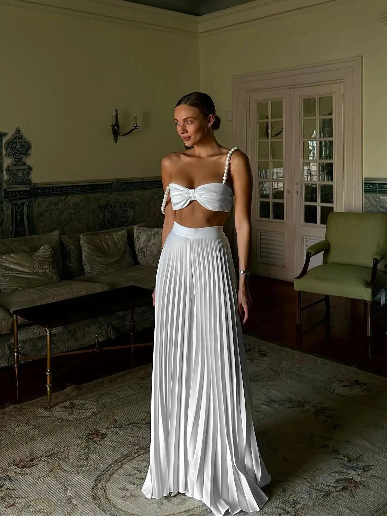 Pleated Skirt Set Women A Line Skirt Beach Skirt Sleeveless Two Piece Set Bandage Top Summer Beach Holiday Party Summer 250226