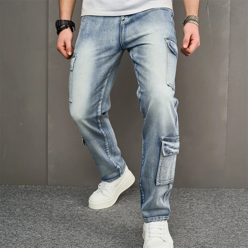 Fashionable retro multi pocket mens cargo jeans mens Trouser high-quality loose solid casual jeans 250226
