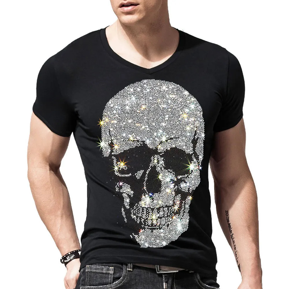 Summer Men Black T-shirt Hip Hop Man Skull Head diamond T Shirts Fashion rhinestone Man T-shirt 250226
