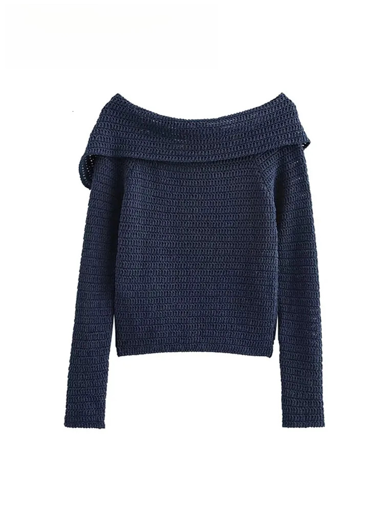 Female Casual Slim Top Solid Blue Long Sleeves Single Off Shoulders Breasted Autumn Vinatge Knitted Sweater