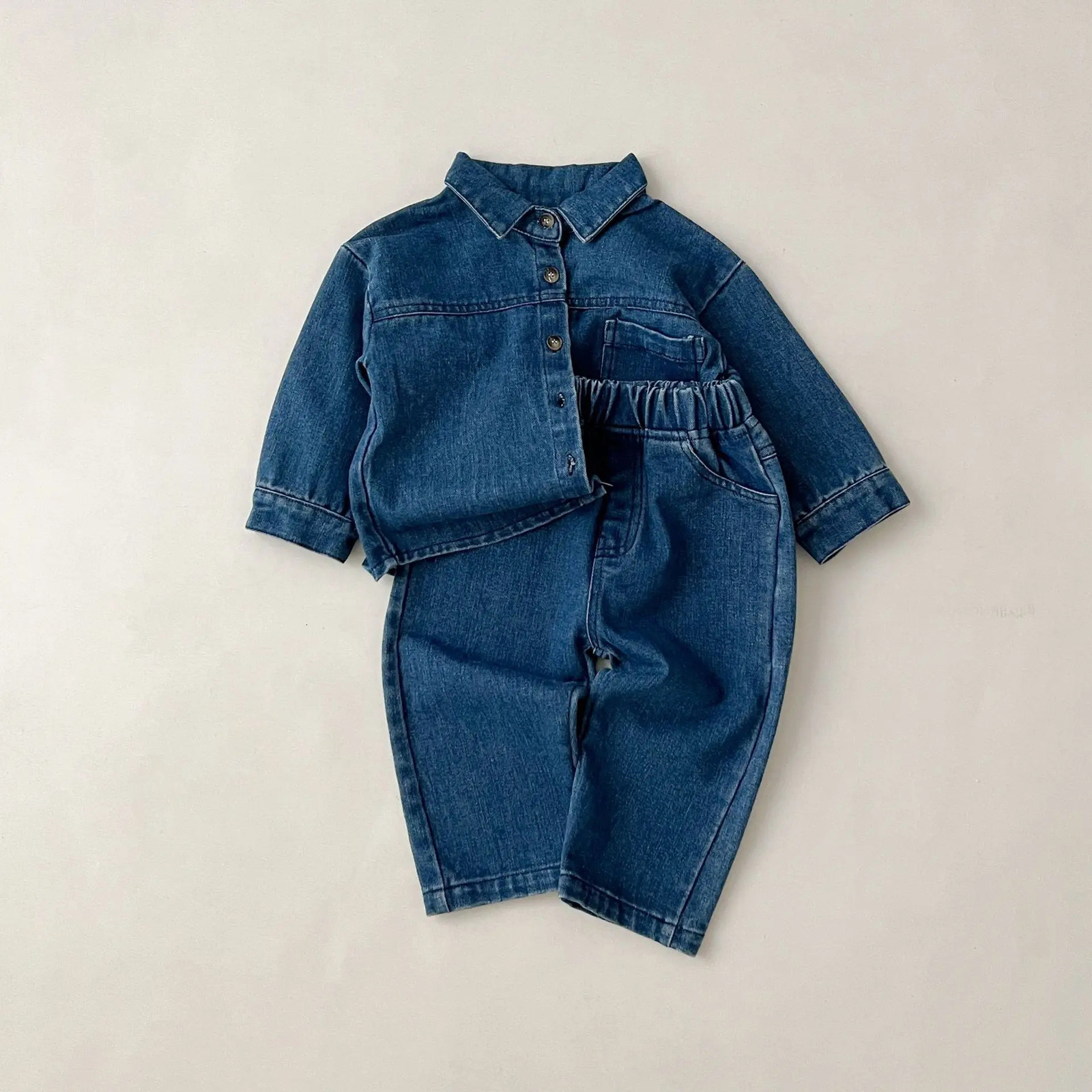 Solid denim set for baby spring autumn long sleeved denim shirt jacket for runners two-piece baby boy and girl simple casual 2PCS 250227