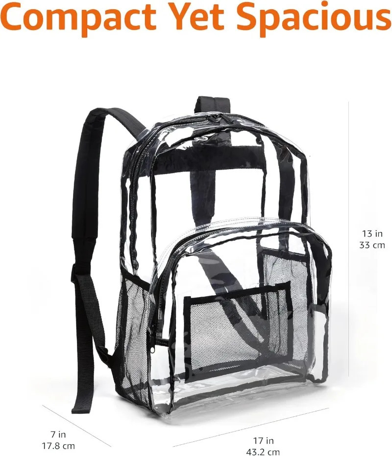 Ship from US Transparent School Backpack With WaterResistant PVC Plastic Material and Ruggedly Ruinforced Shoulder Straps Clear 250227FBB