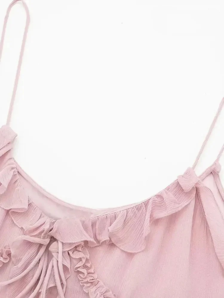 ASDS Women Fashion With Ruffled Front Tied Semi-sheer Tank Tops Sexy Backless Thin Straps Female Camis Mujer 250226